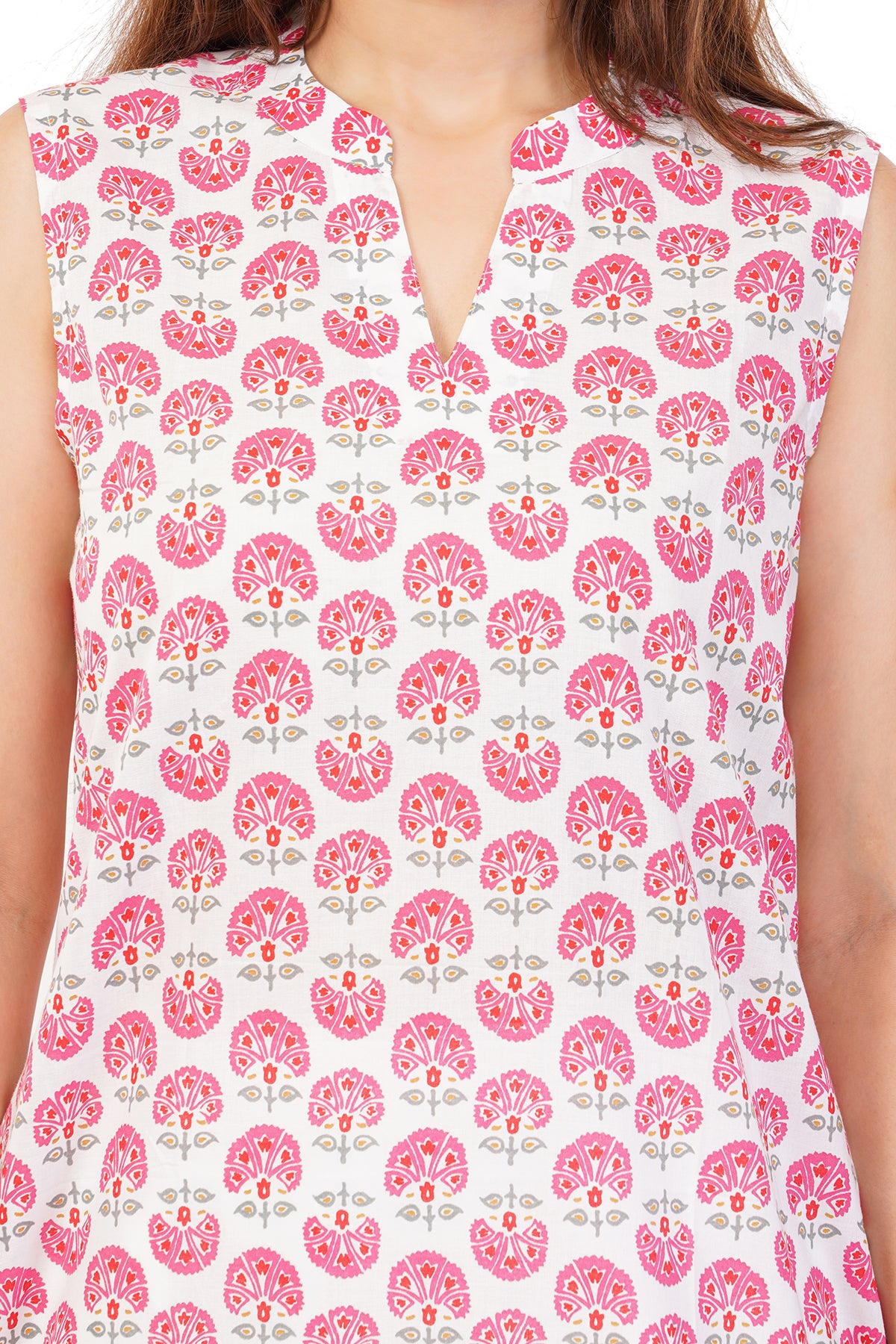 Pink Cotton Hand Block Printed Slim Fit Short Kurta