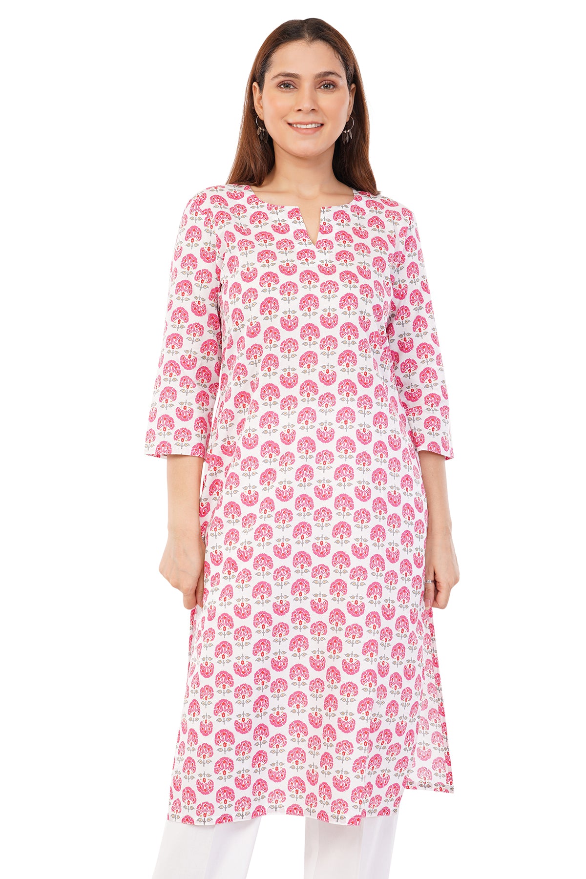 Pink Cotton Hand Block Printed Slim Fit Long Kurta