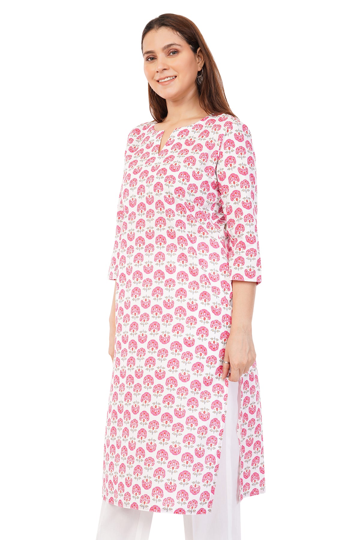 Pink Cotton Hand Block Printed Slim Fit Long Kurta
