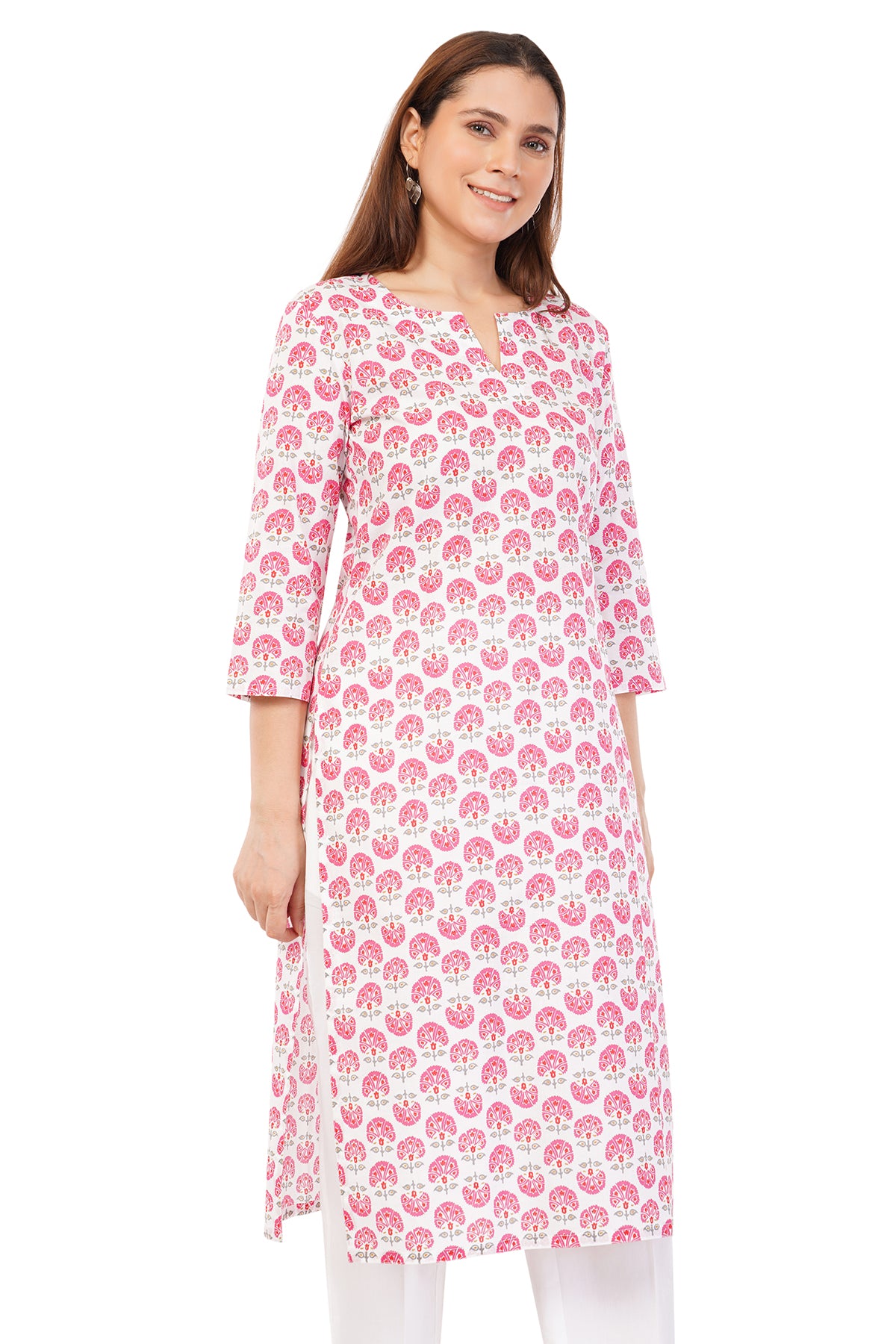 Pink Cotton Hand Block Printed Slim Fit Long Kurta