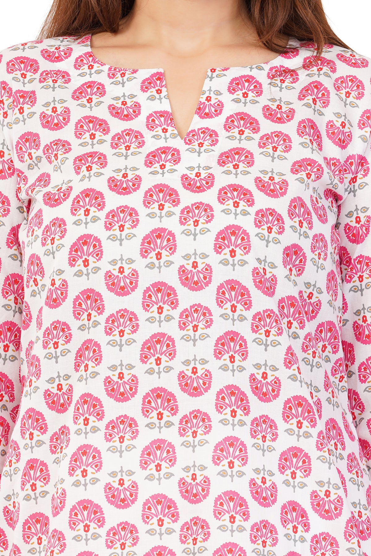 Pink Cotton Hand Block Printed Slim Fit Long Kurta