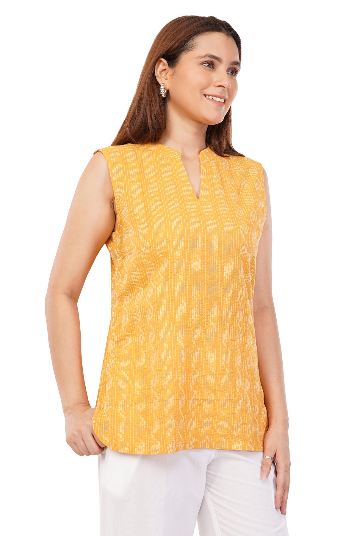 Yellow Pure Cotton Printed Short Kurta