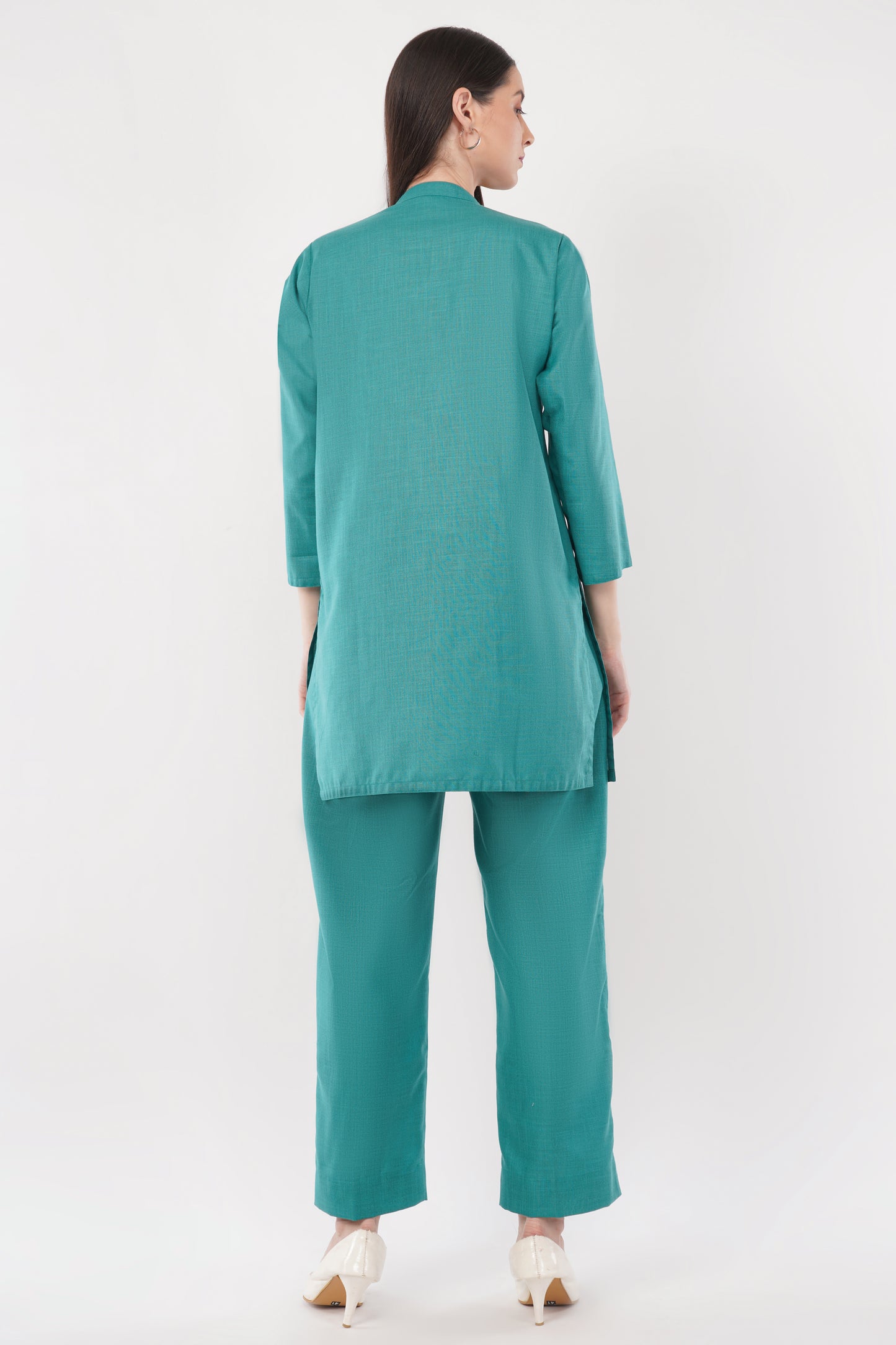 Green Mandarin Collar Cotton Kurta Pant Co-Ord Set