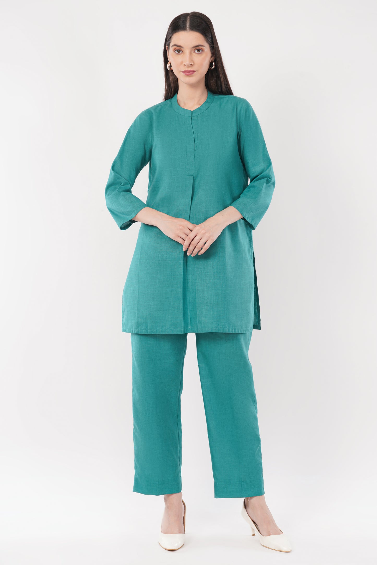 Green Mandarin Collar Cotton Kurta Pant Co-Ord Set
