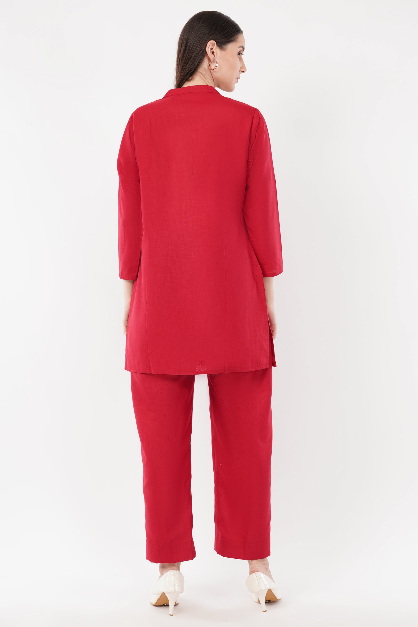 Red Mandarin Collar Cotton Kurta Pant Co-Ord Set
