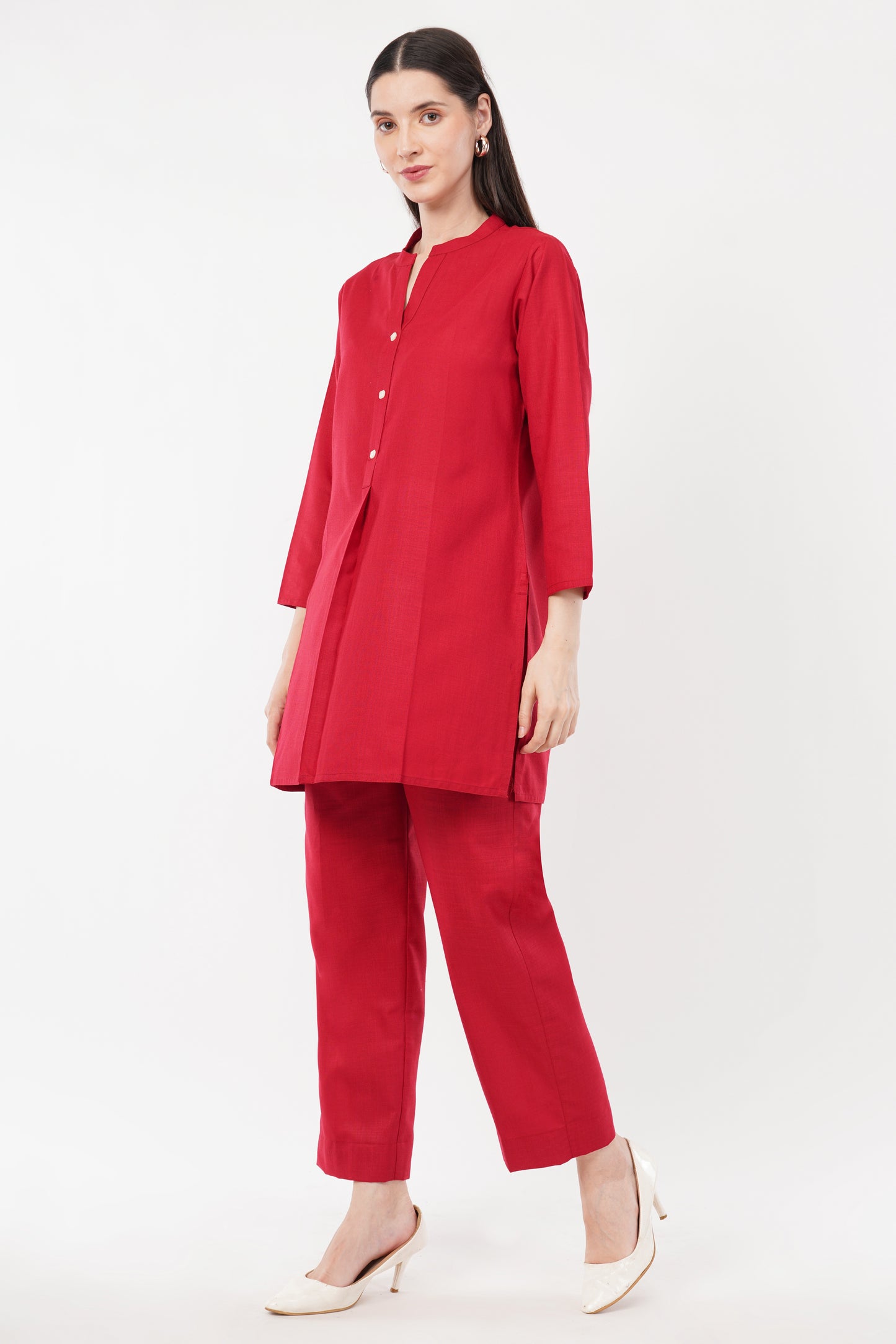 Red Mandarin Collar Cotton Kurta Pant Co-Ord Set