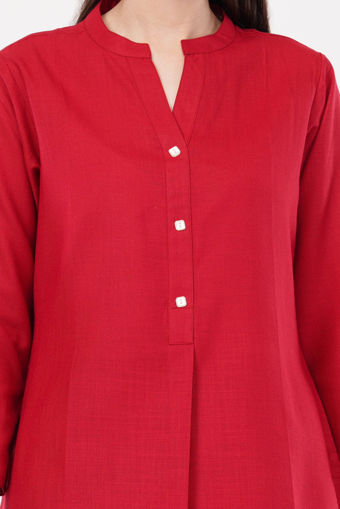 Red Mandarin Collar Cotton Kurta Pant Co-Ord Set