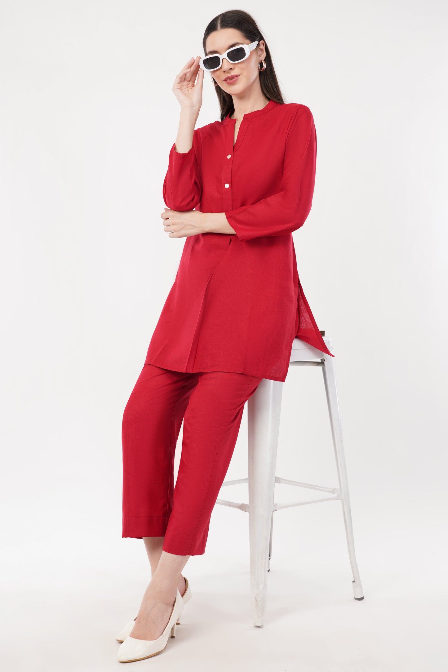 Red Mandarin Collar Cotton Kurta Pant Co-Ord Set