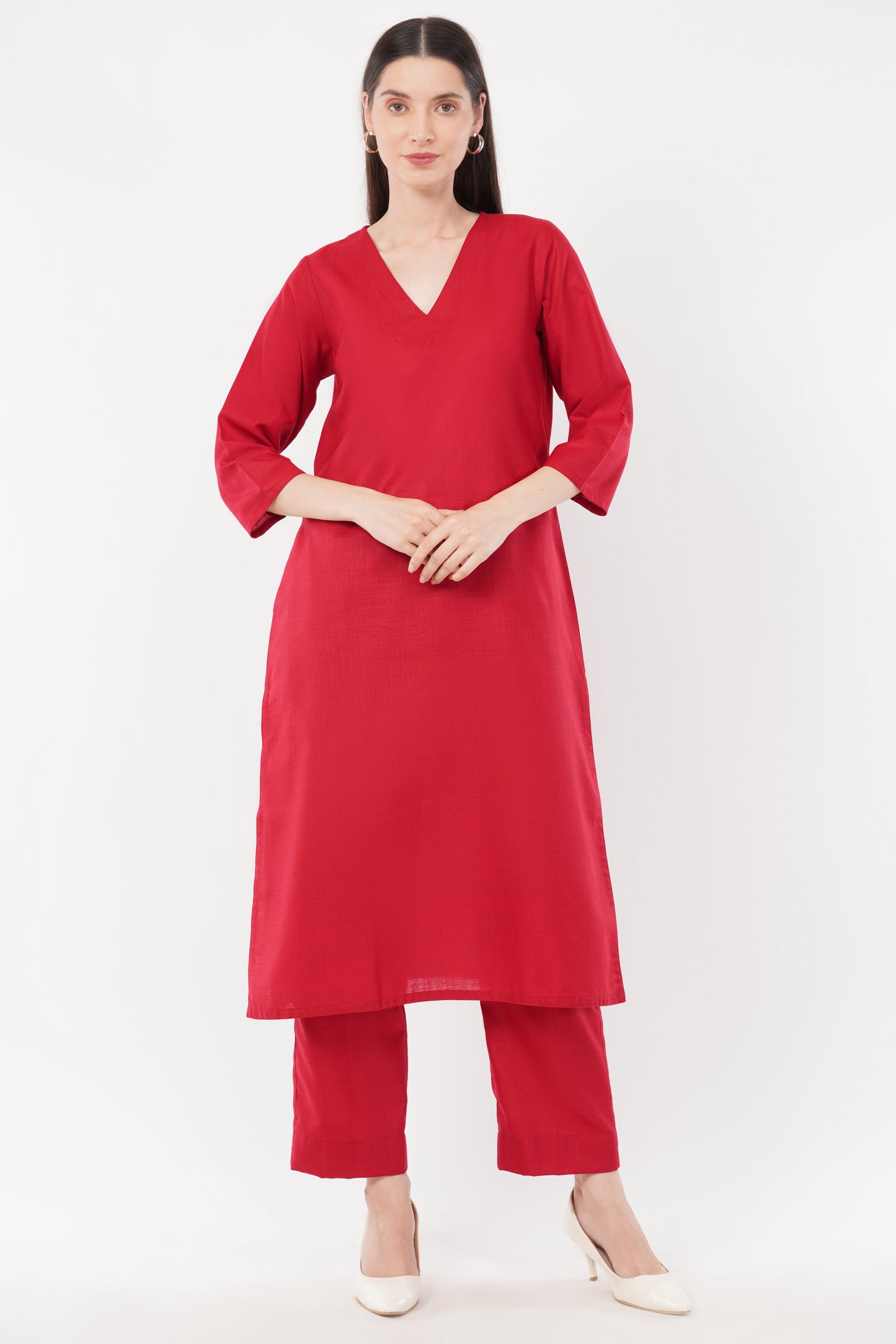 Red Classic Cotton Kurta & Pant Co-Ord Set