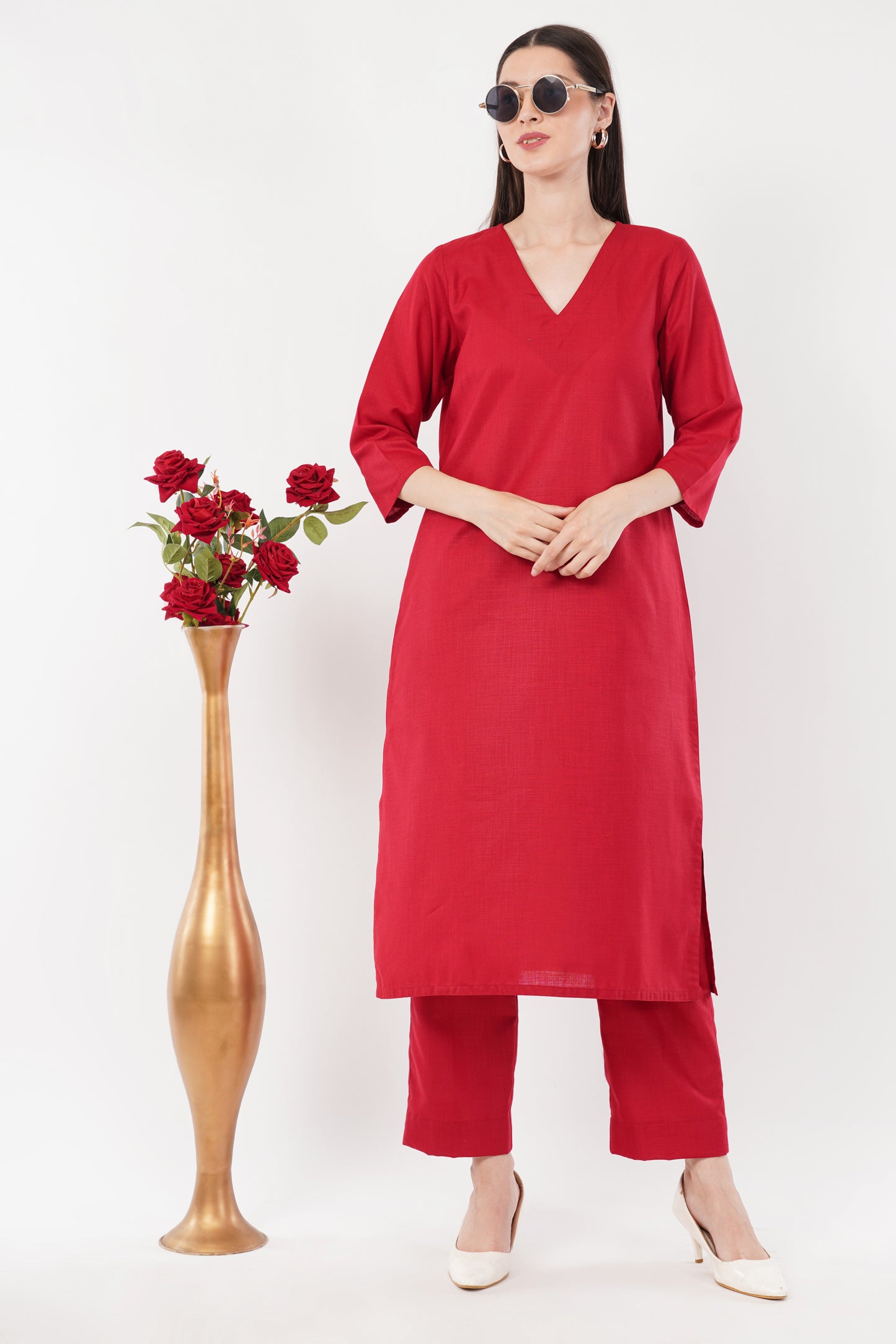 Red Classic Cotton Kurta & Pant Co-Ord Set