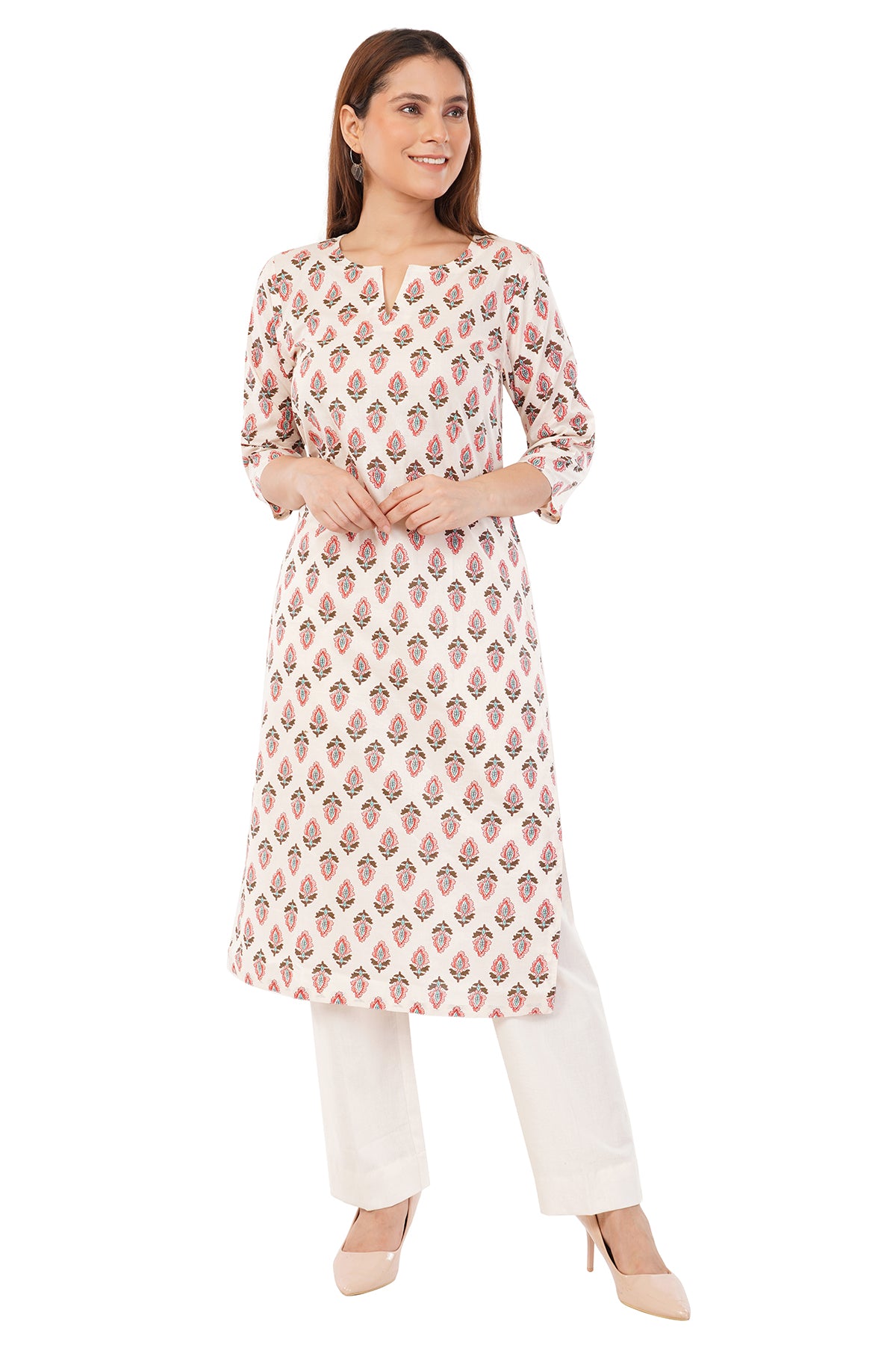 White Pure Cotton Printed Long Kurta