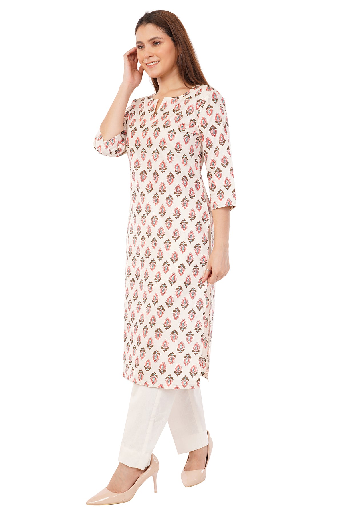 White Pure Cotton Printed Long Kurta