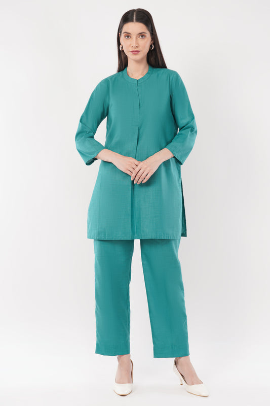 Green Mandarin Collar Cotton Kurta Pant Co-Ord Set