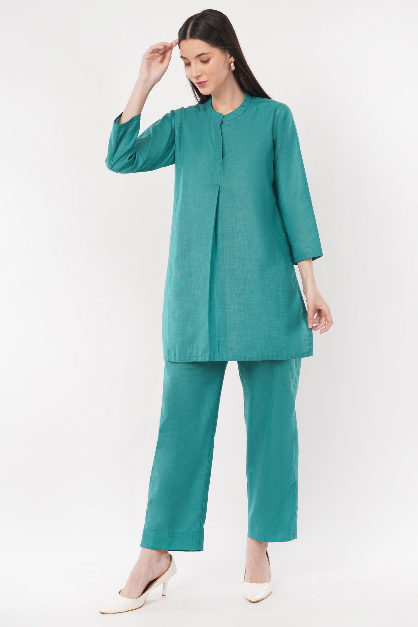 Green Mandarin Collar Cotton Kurta Pant Co-Ord Set