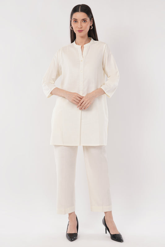 White Mandarin Collar Cotton Kurta Pant Co-Ord Set