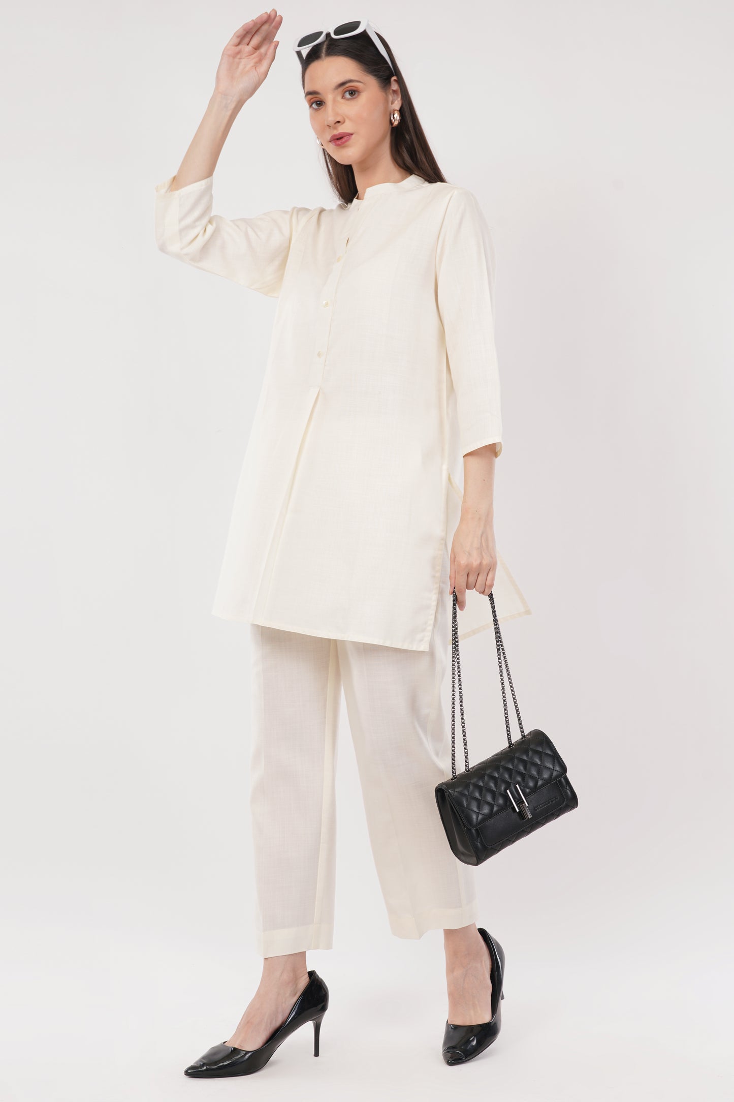 White Mandarin Collar Cotton Kurta Pant Co-Ord Set