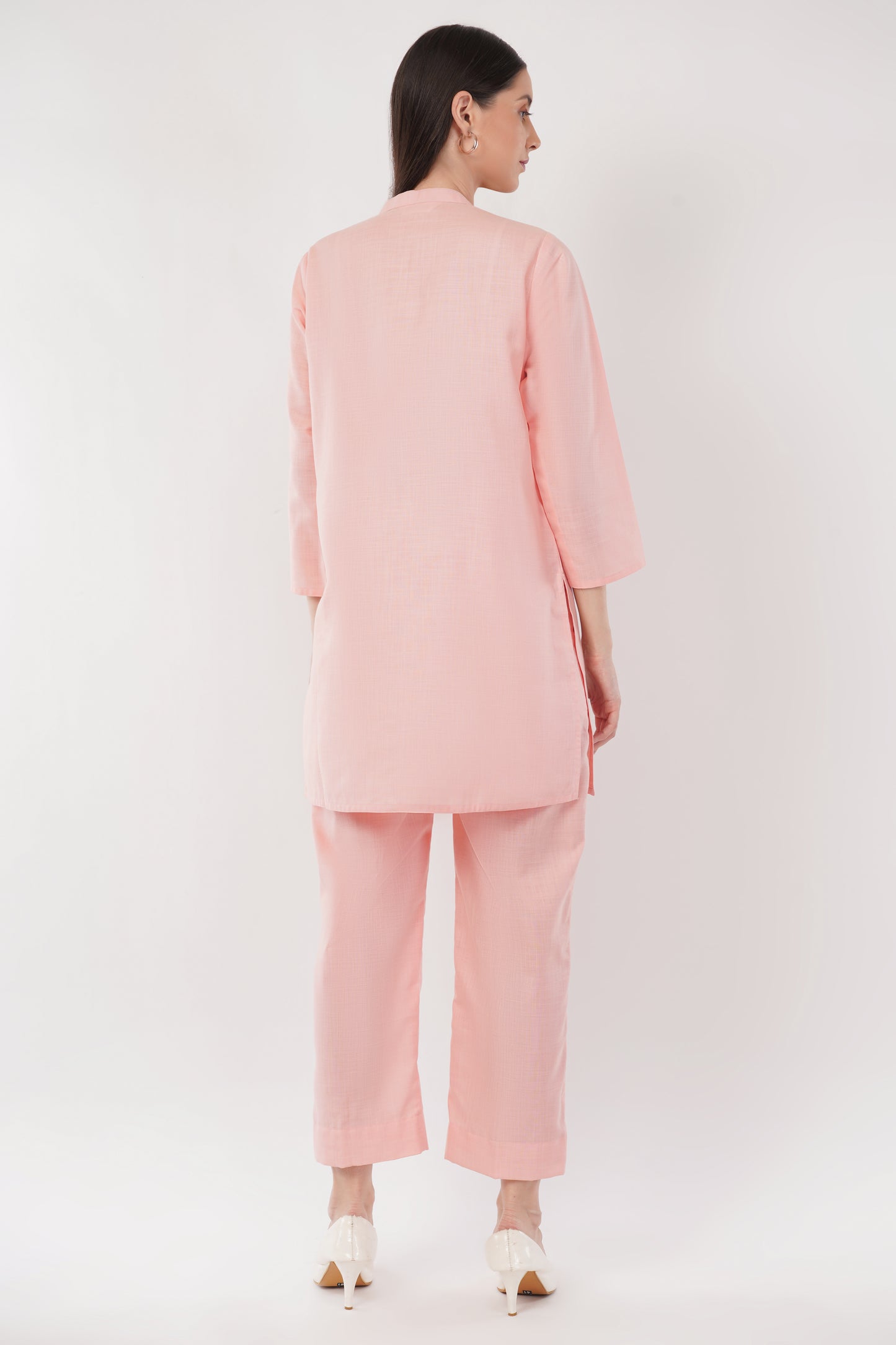 Pink Mandarin Collar Cotton Kurta Pant Co-Ord Set