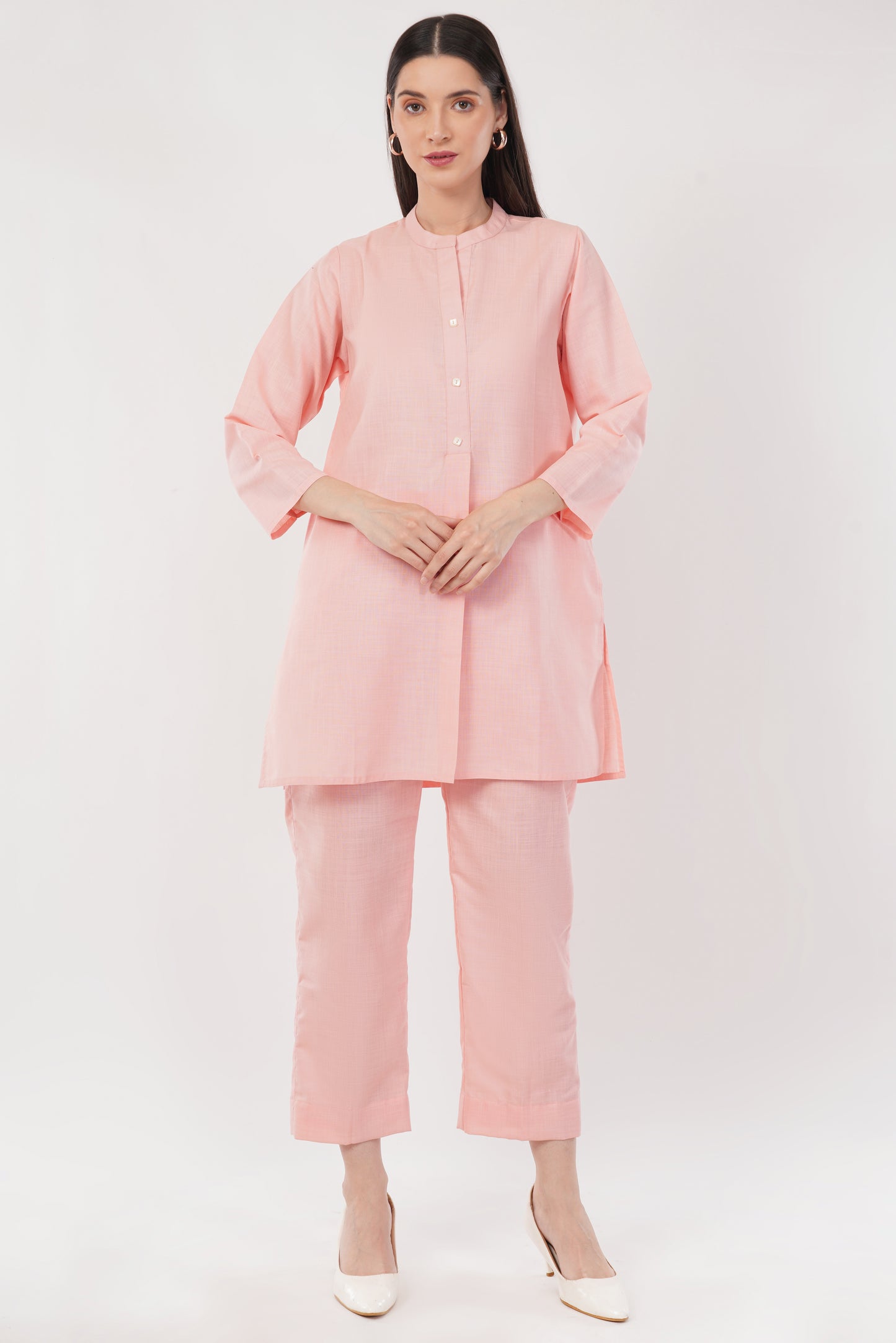 Pink Mandarin Collar Cotton Kurta Pant Co-Ord Set