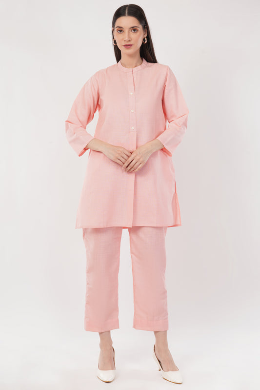 Pink Mandarin Collar Cotton Kurta Pant Co-Ord Set