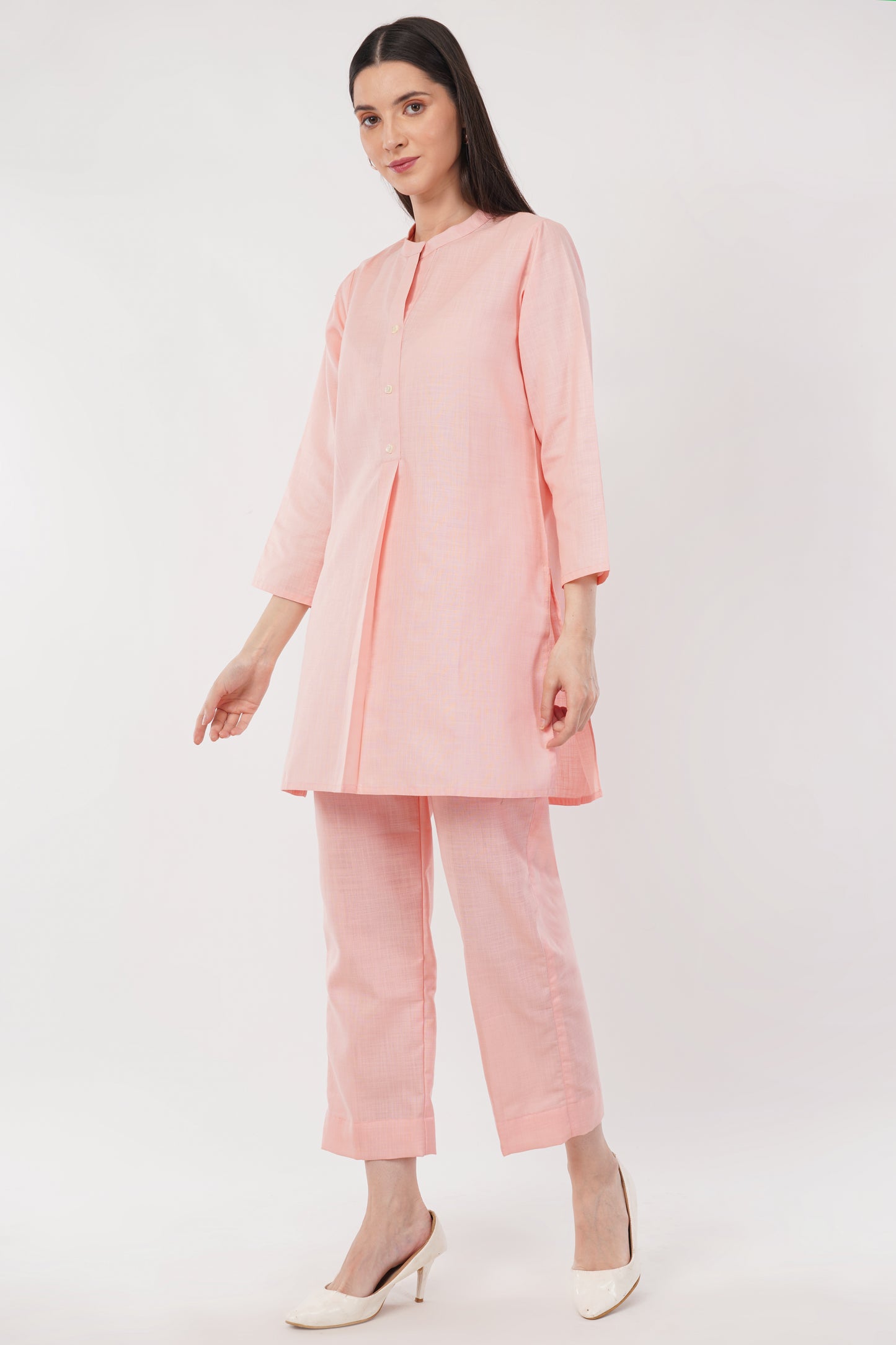 Pink Mandarin Collar Cotton Kurta Pant Co-Ord Set