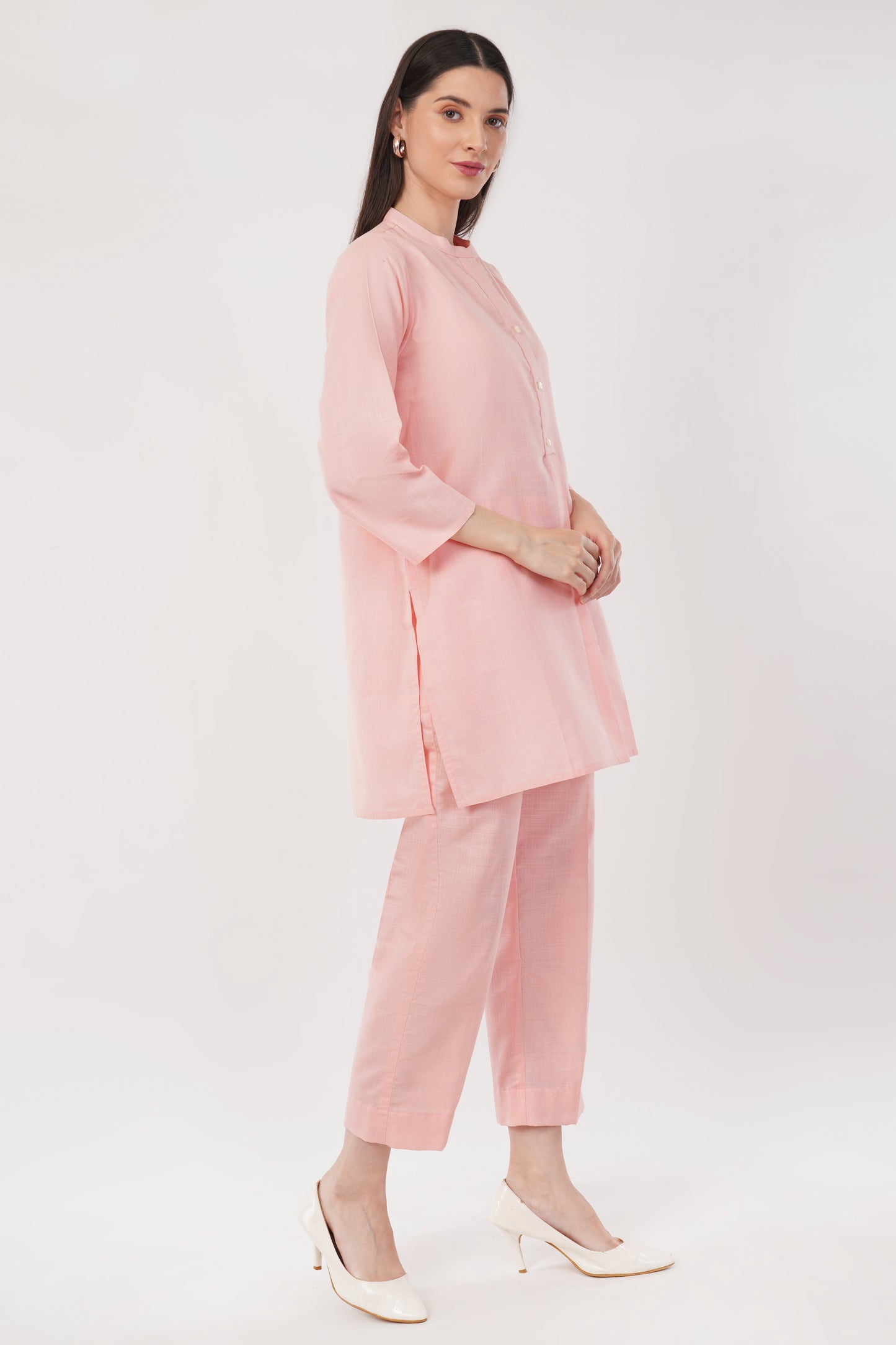 Pink Mandarin Collar Cotton Kurta Pant Co-Ord Set