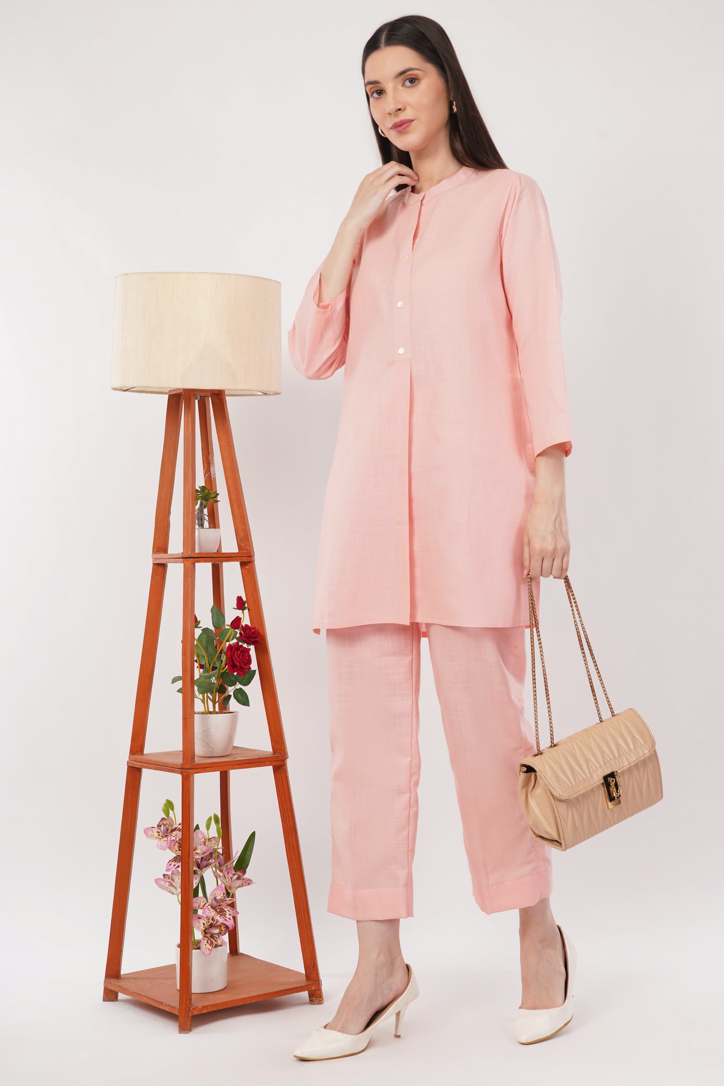Pink Mandarin Collar Cotton Kurta Pant Co-Ord Set