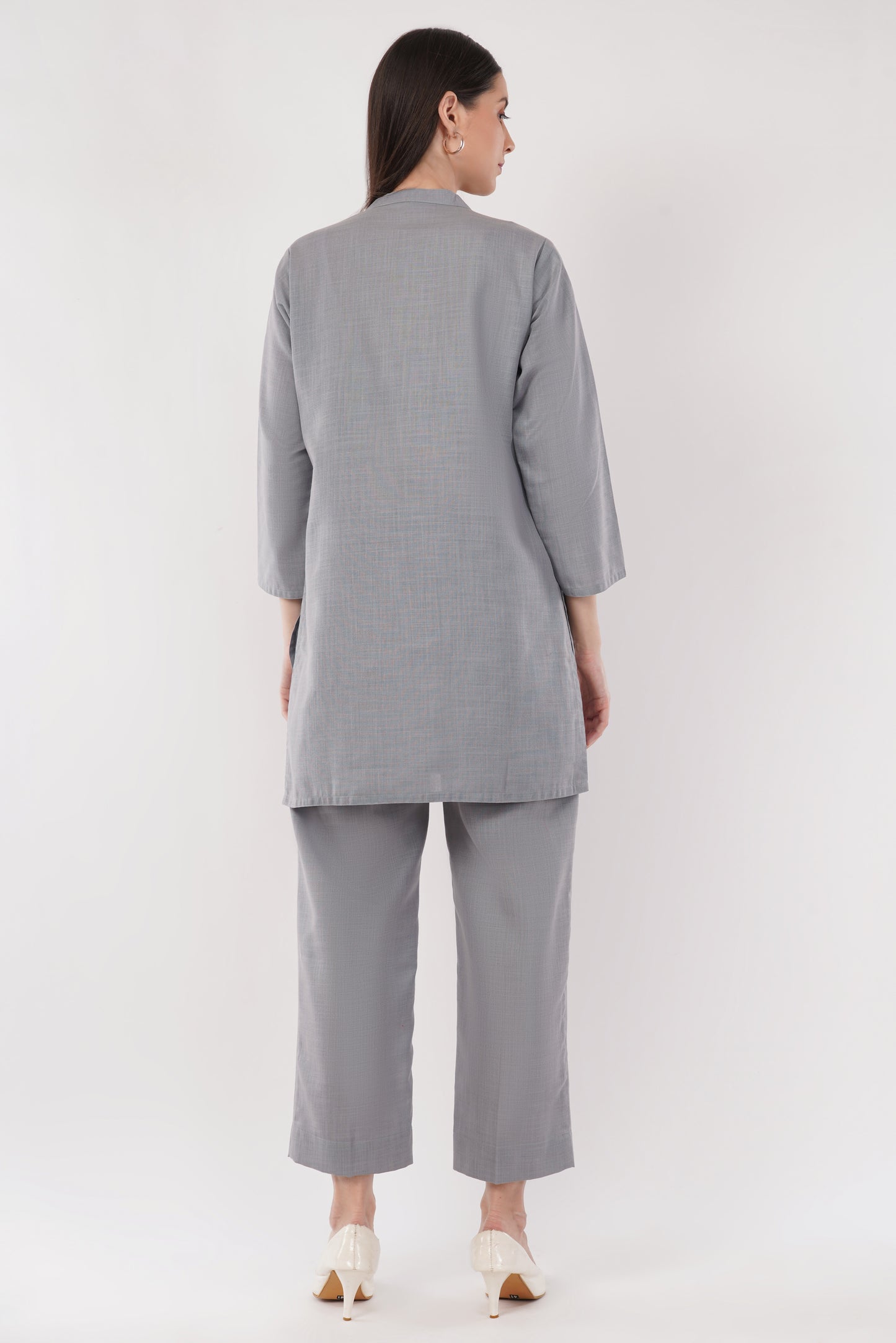 Gray Mandarin Collar Cotton Kurta Pant Co-Ord Set