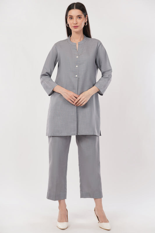 Gray Mandarin Collar Cotton Kurta Pant Co-Ord Set