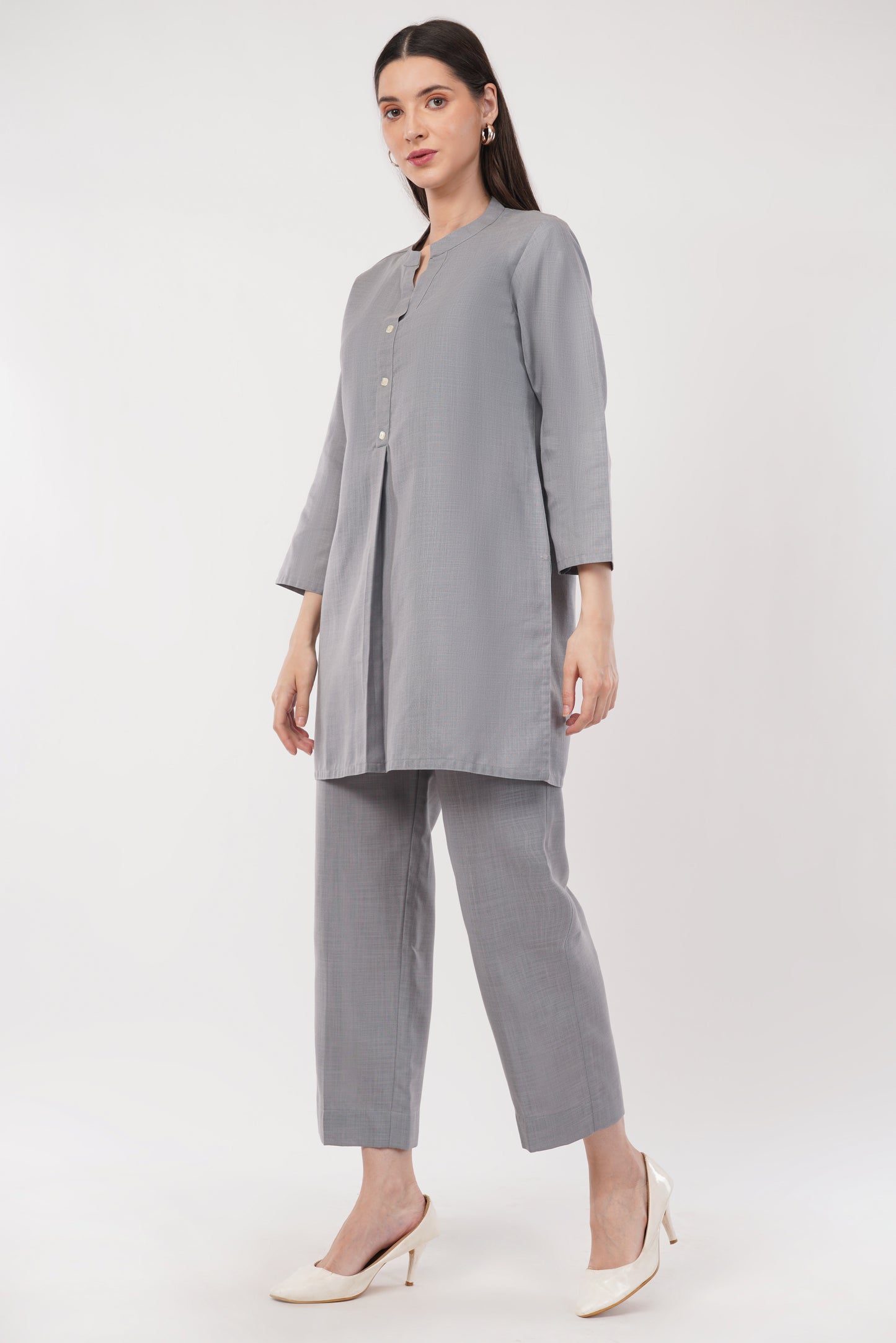 Gray Mandarin Collar Cotton Kurta Pant Co-Ord Set