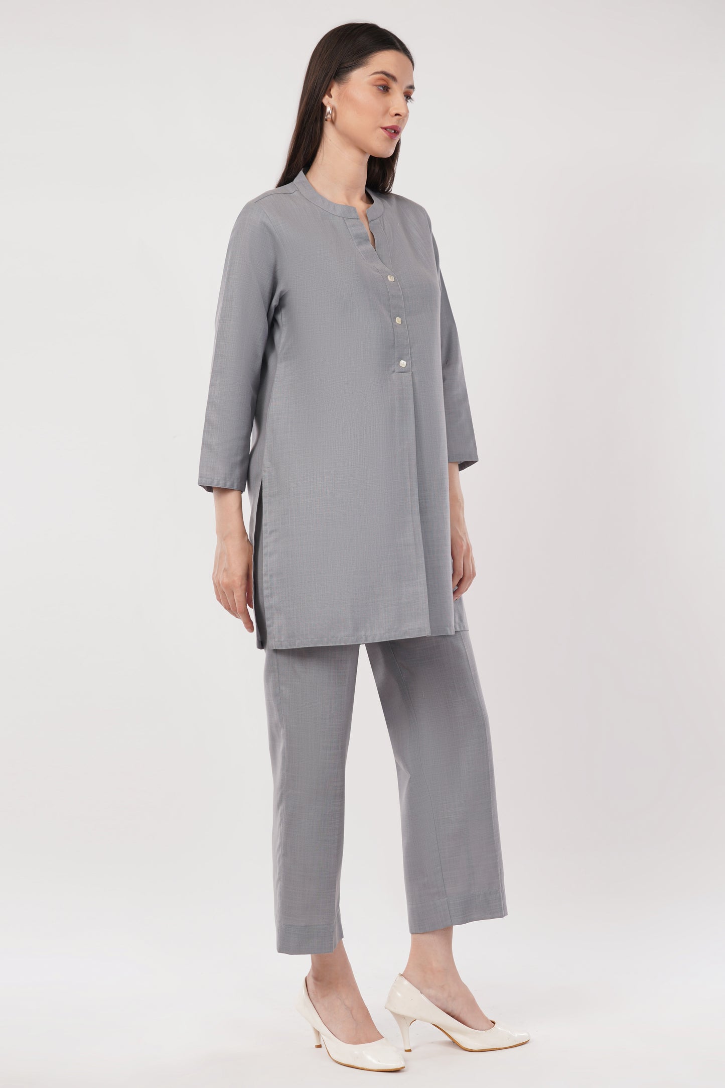 Gray Mandarin Collar Cotton Kurta Pant Co-Ord Set