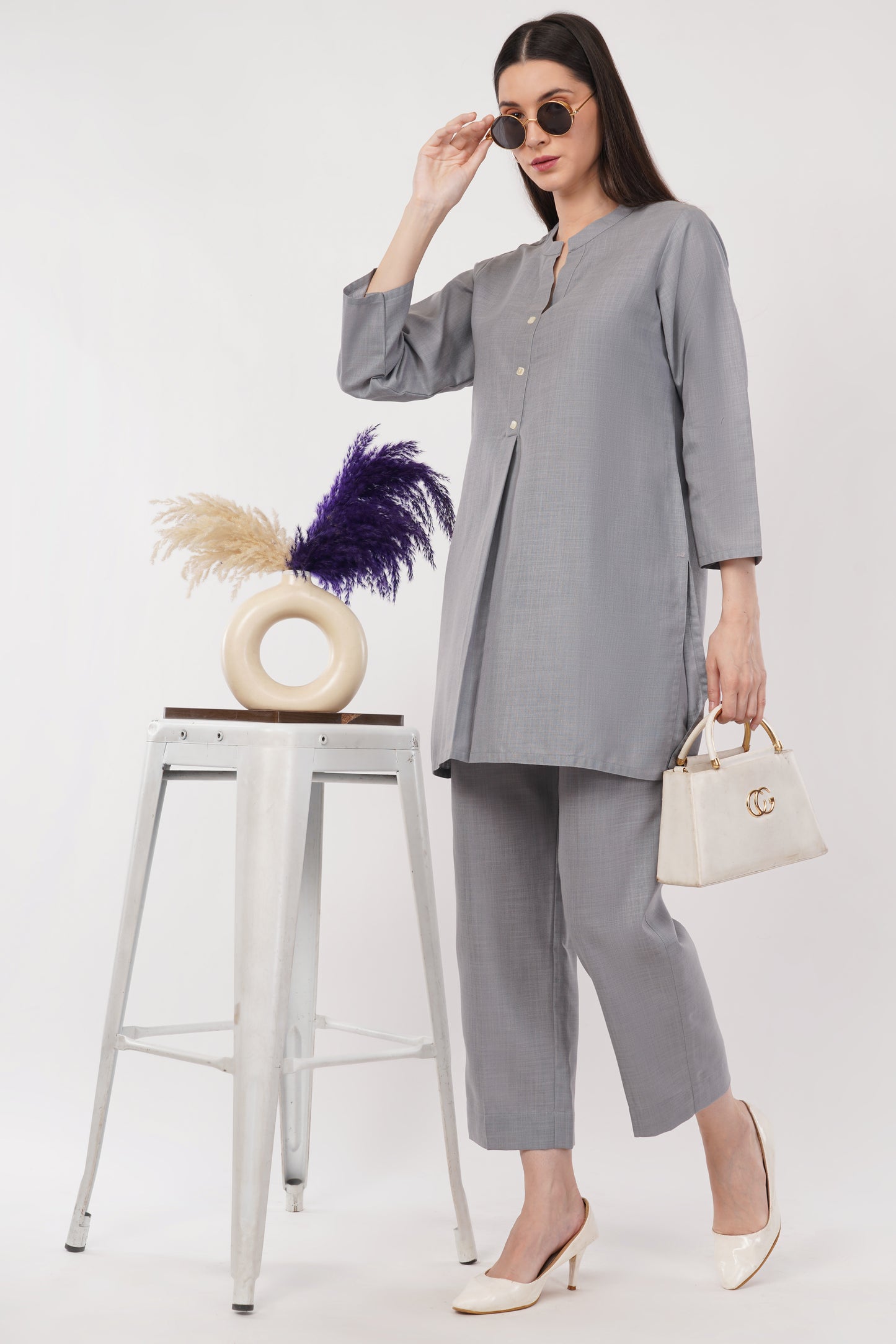 Gray Mandarin Collar Cotton Kurta Pant Co-Ord Set