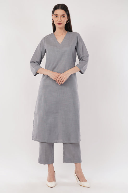 Gray Classic Cotton Kurta & Pant Co-Ord Set