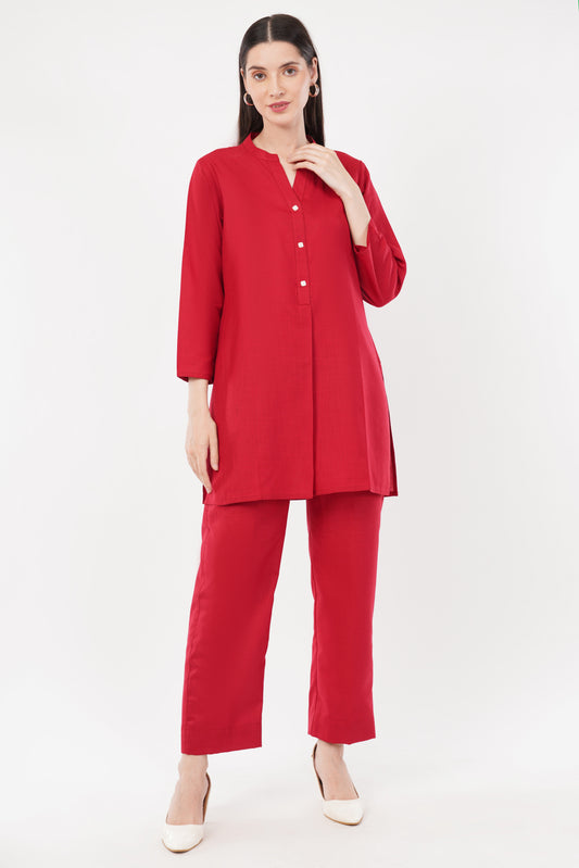 Red Mandarin Collar Cotton Kurta Pant Co-Ord Set