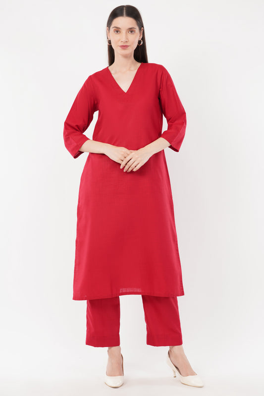 Red Classic Cotton Kurta & Pant Co-Ord Set